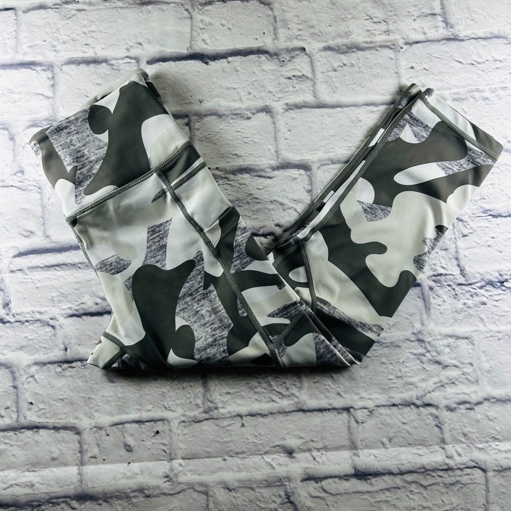 Zyia Active Womens Grey White Camo Print High Rise Leggings Side Pockets Size 4